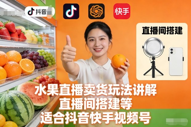 水果直播卖货玩法讲解、直播间搭建等,适合抖音快手视频号-轻创终点站