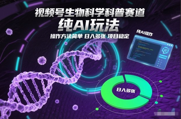 视频号生物科学科普赛道,纯AI玩法,操作方法简单,日入多张,项目稳定-轻创终点站