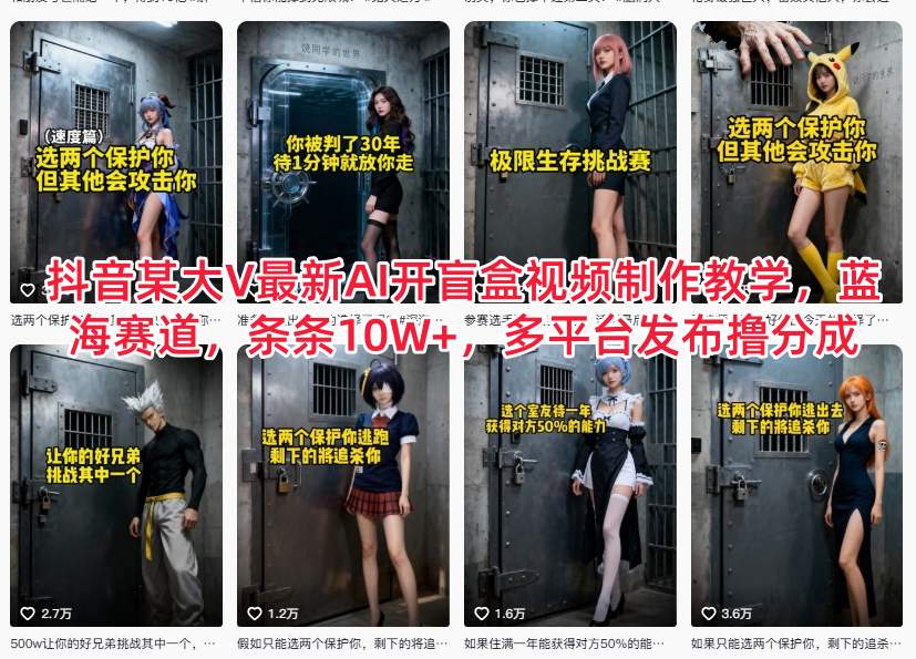 抖音某大V最新AI开盲盒视频制作教学,蓝海赛道,条条10W+,多平台发布撸分成-轻创终点站